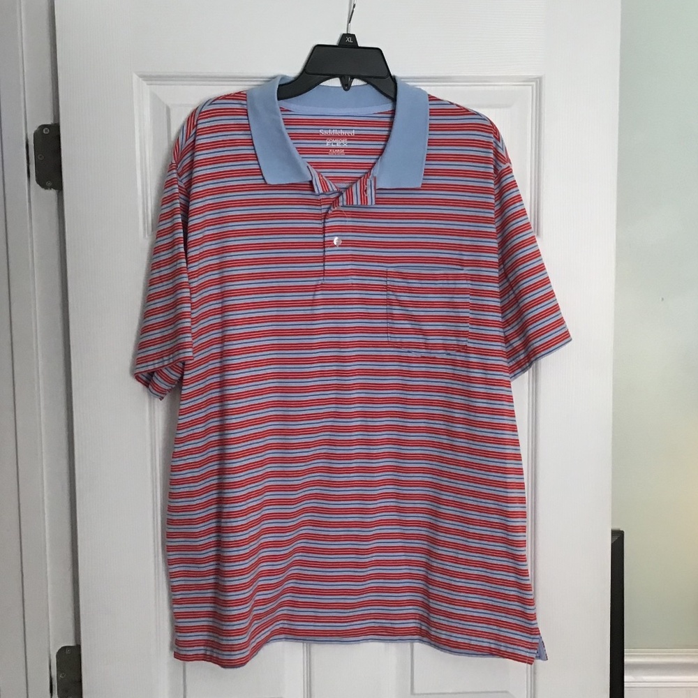 Saddlebred Flex Polo‎ Shirt Mens XL Red & Blue Stripe Knit Comfort Short Sleeve